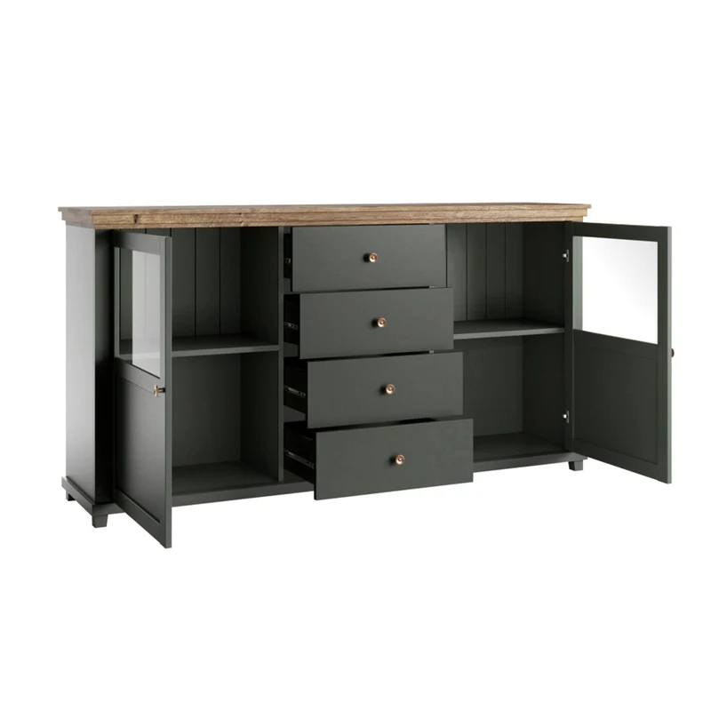 Buffet 2 portes 4 tiroirs Martin Vert et Bois