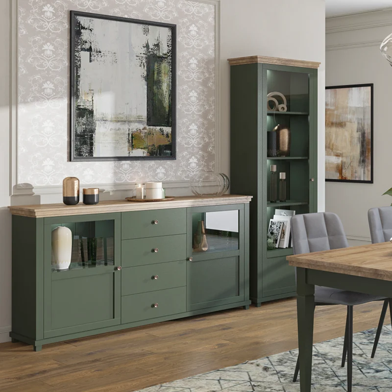Buffet 2 portes 4 tiroirs Martin Vert et Bois