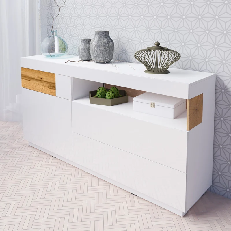 Buffet 1 porte 3 tiroirs Andrea Blanc et Bois
