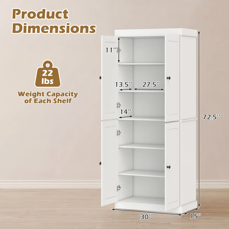 Kitchen Pantry Cabinet, 2 Shelves, Anti-Tipping, White