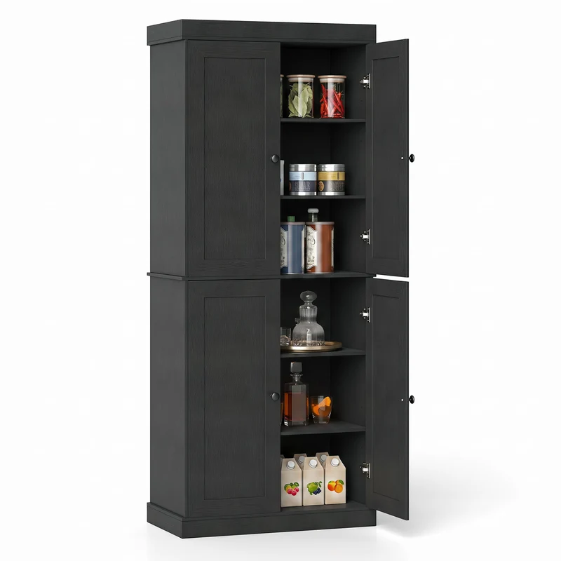 Kitchen Pantry Cabinet, 2 Adjustable Shelves, Anti-Tipping, Black