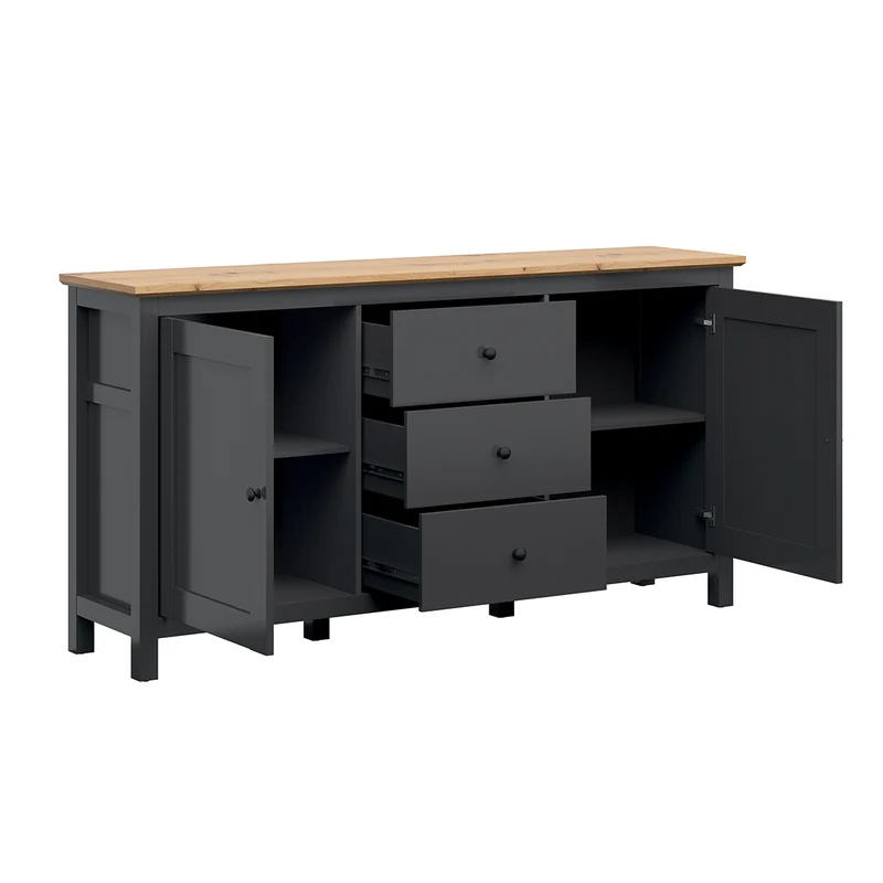 Buffet 2 portes 3 tiroirs Duck Gris anthracite et Bois