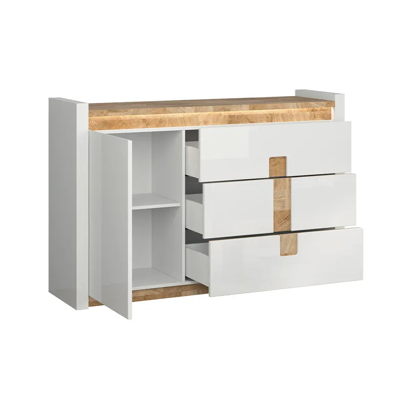Buffet 1 porte 3 tiroirs avec LED Helios Blanc laqué et Bois