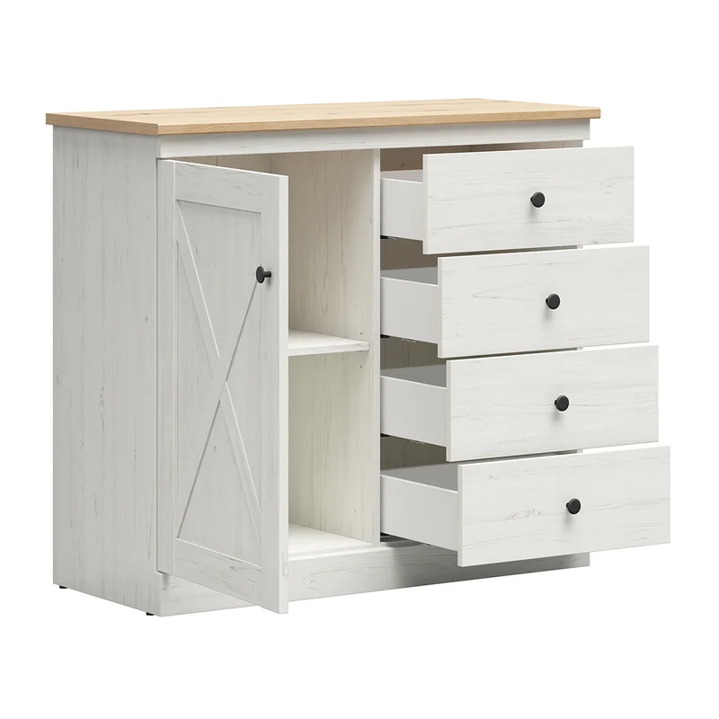 Commode 1 porte 4 tiroirs Victoria Blanc et Bois