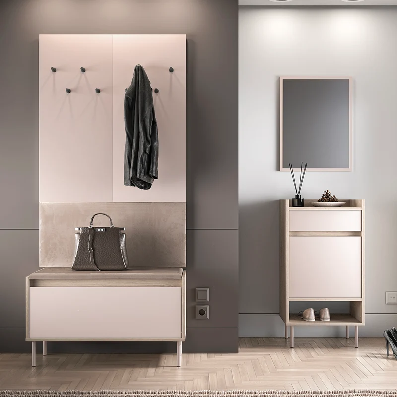 Banc meuble à chaussures long 1 porte Alos Cachemire et Bois