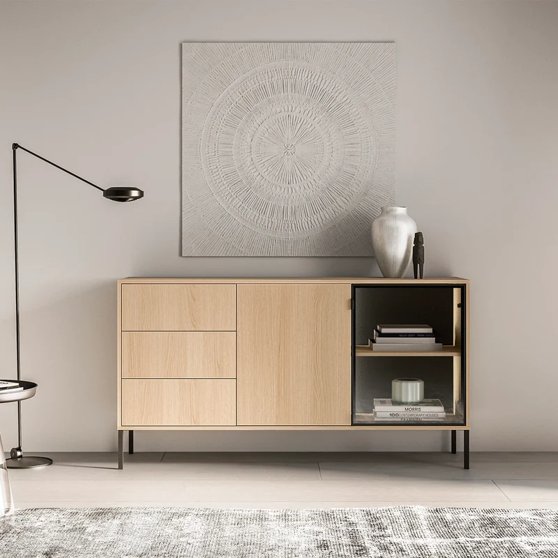 Buffet 2 portes 3 tiroirs LED inclus Paige Bois et Noir