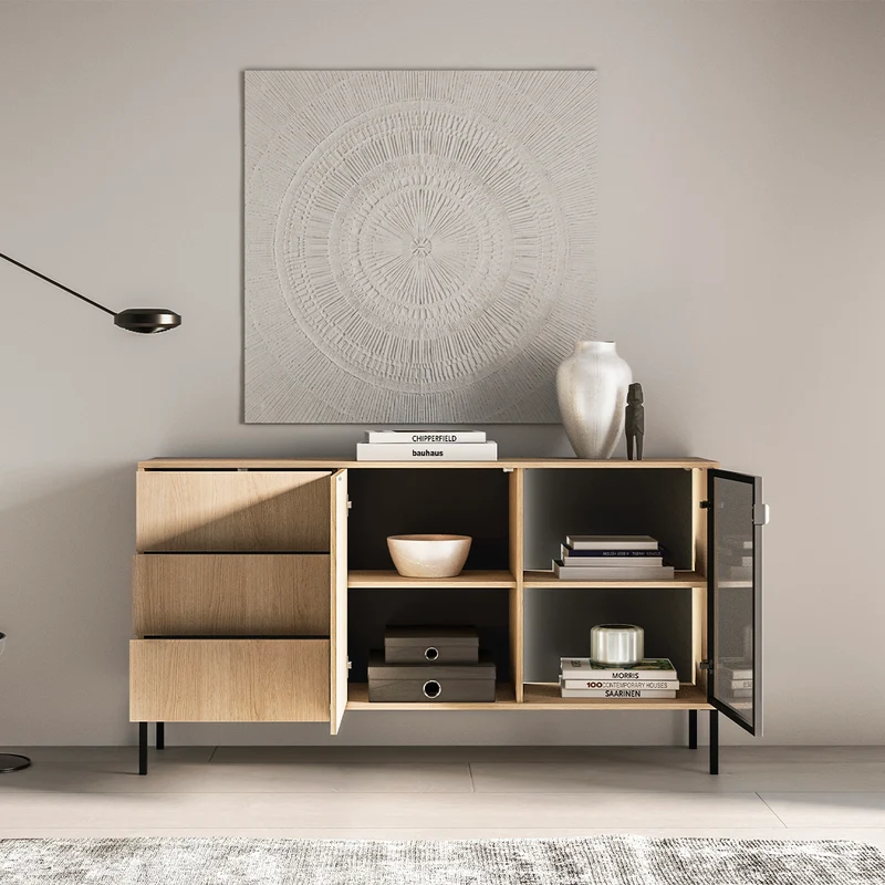 Buffet 2 portes 3 tiroirs LED inclus Paige Bois et Noir