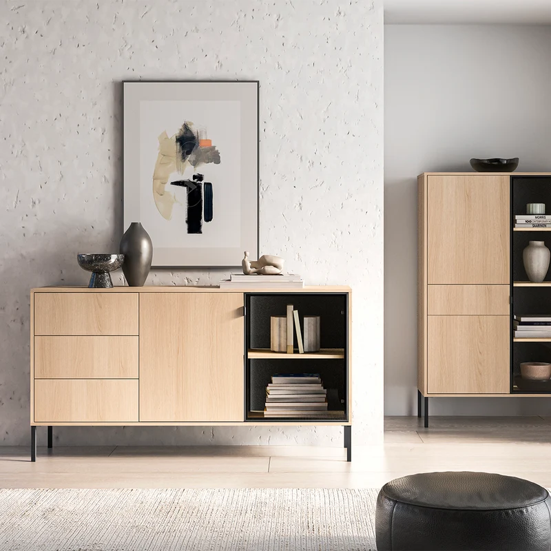 Buffet 2 portes 3 tiroirs LED inclus Paige Bois et Noir