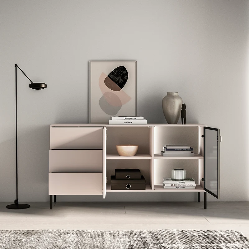Buffet 2 portes 3 tiroirs LED inclus Paige Cachemire et Noir