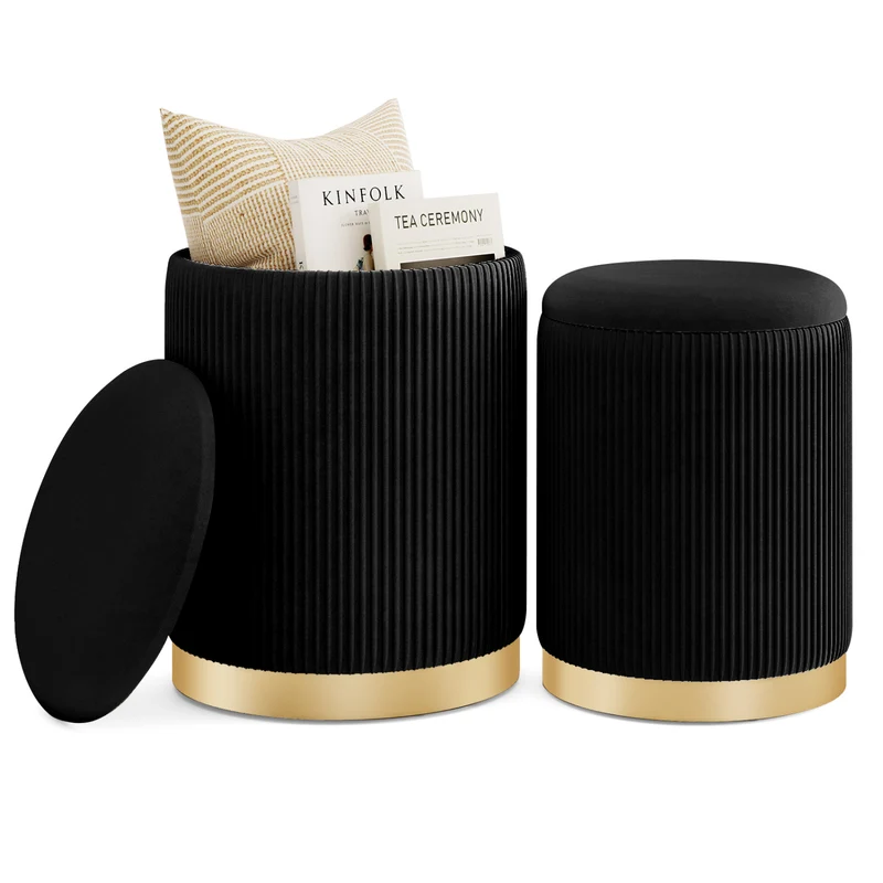 Velvet Linen Fabric Storage Ottoman Set, 2 Piece, Black