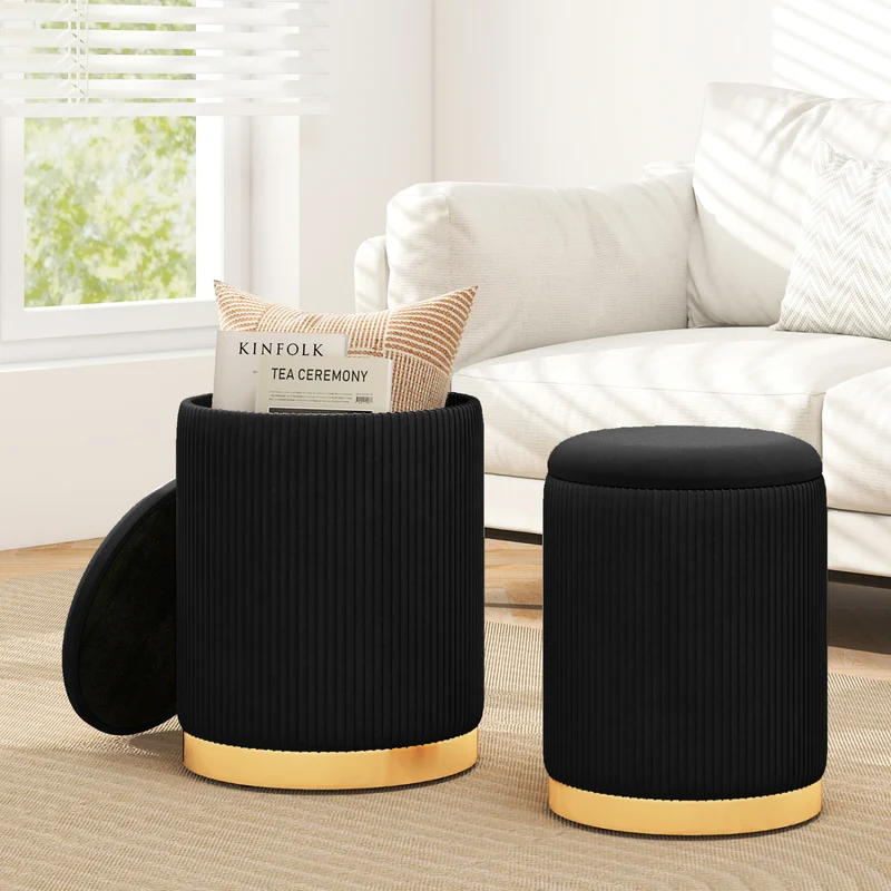 Velvet Linen Fabric Storage Ottoman Set, 2 Piece, Black