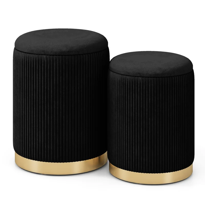 Velvet Linen Fabric Storage Ottoman Set, 2 Piece, Black