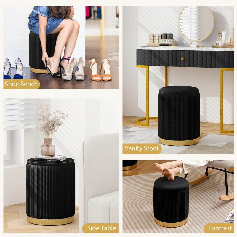 Velvet Linen Fabric Storage Ottoman Set, 2 Piece, Black