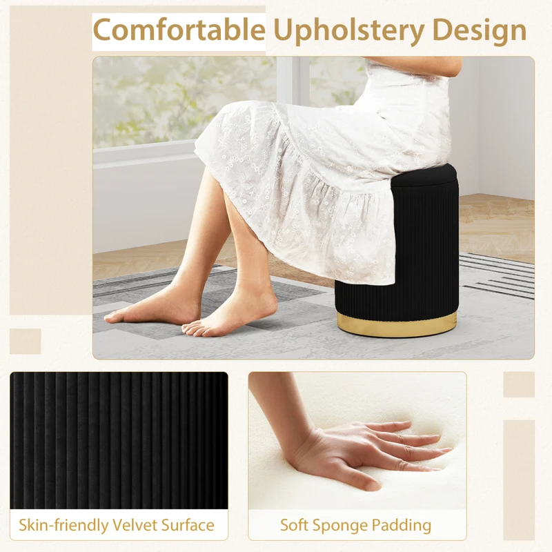 Velvet Linen Fabric Storage Ottoman Set, 2 Piece, Black