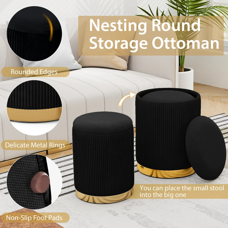 Velvet Linen Fabric Storage Ottoman Set, 2 Piece, Black