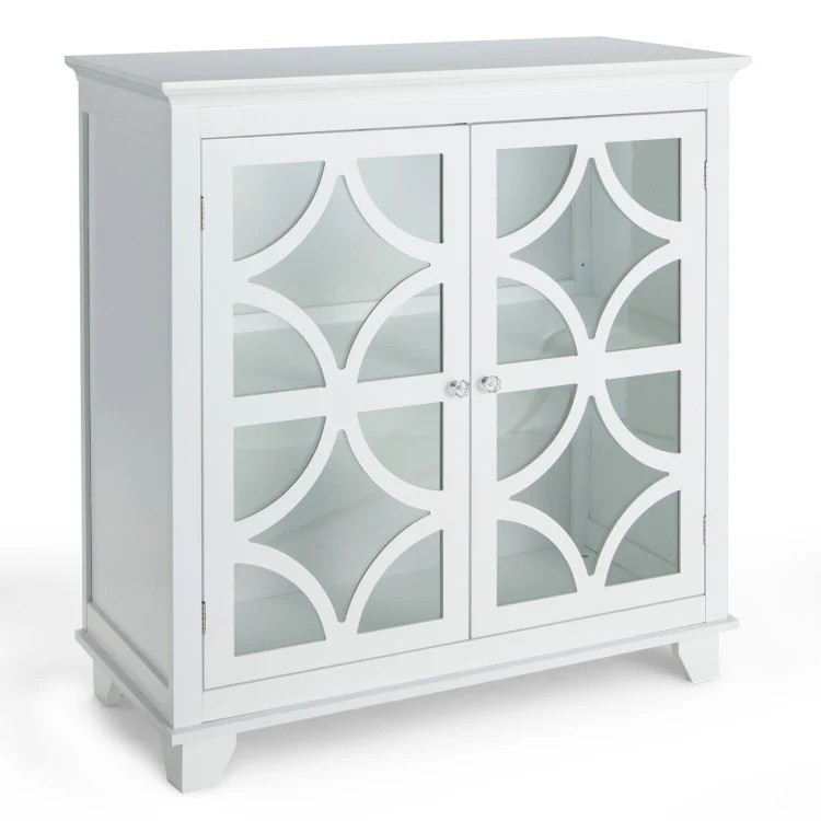 Buffet Sideboard with Glass Doors, Adjustable Shelf, White
