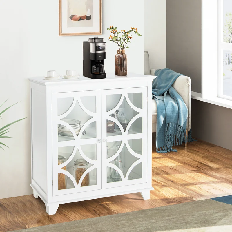 Buffet Sideboard with Glass Doors, Adjustable Shelf, White