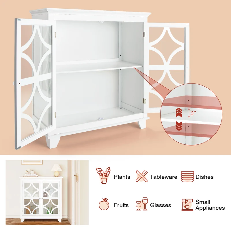Buffet Sideboard with Glass Doors, Adjustable Shelf, White