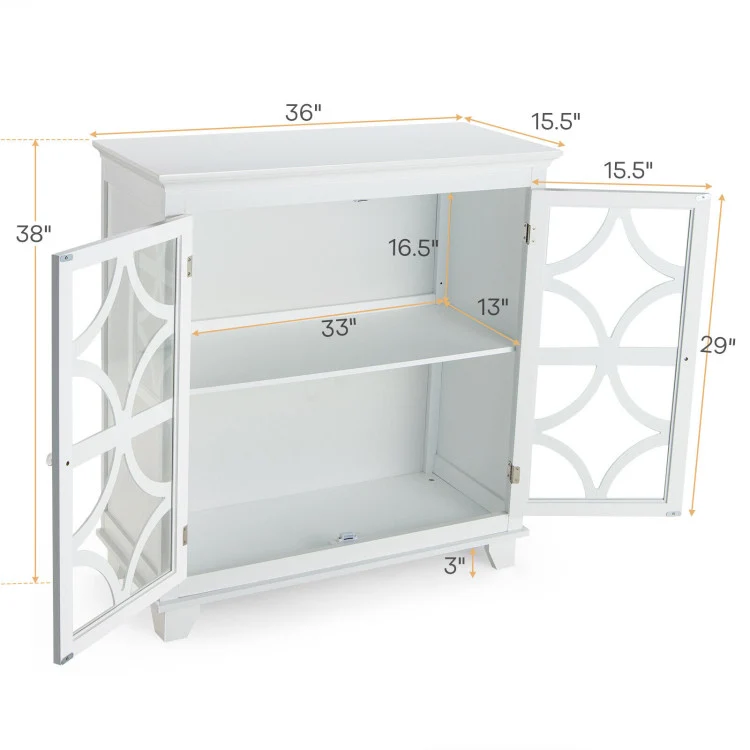 Buffet Sideboard with Glass Doors, Adjustable Shelf, White