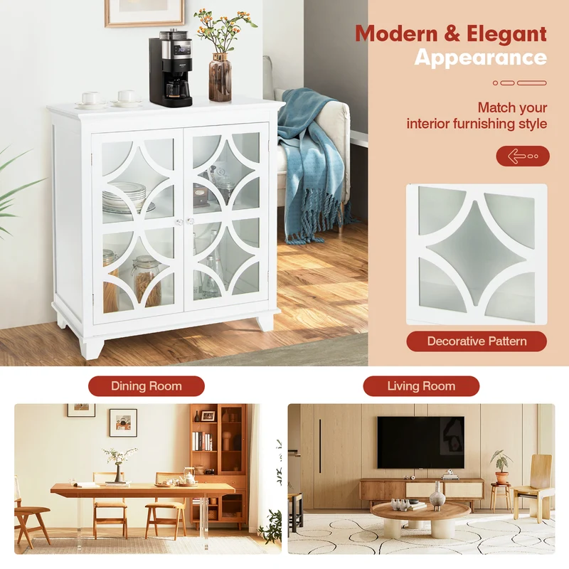 Buffet Sideboard with Glass Doors, Adjustable Shelf, White