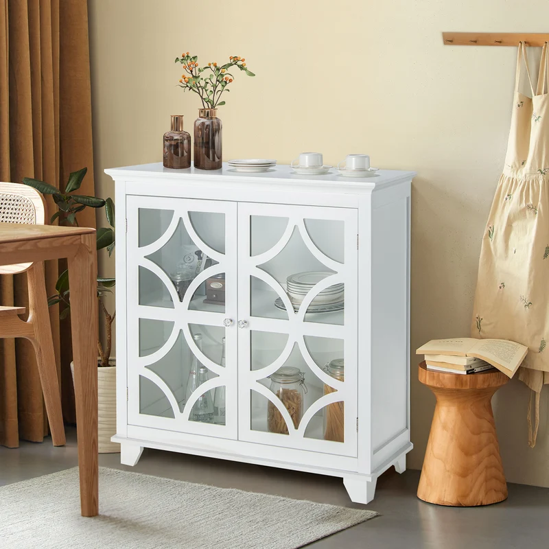 Buffet Sideboard with Glass Doors, Adjustable Shelf, White