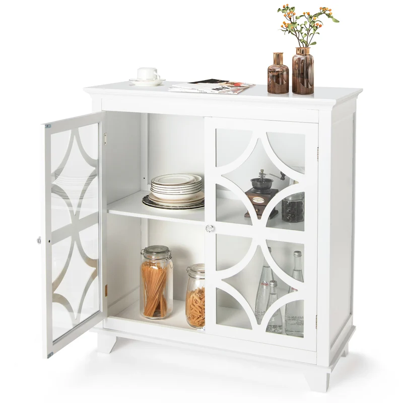 Buffet Sideboard with Glass Doors, Adjustable Shelf, White