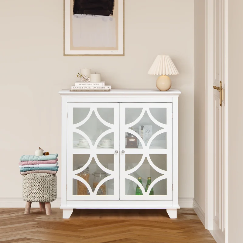 Buffet Sideboard with Glass Doors, Adjustable Shelf, White
