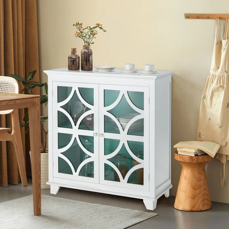 Kitchen Buffet Sideboard, Glass Doors, Green
