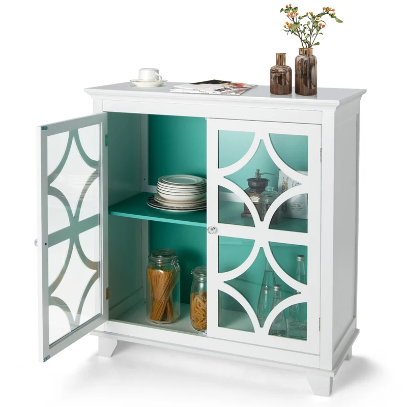 Kitchen Buffet Sideboard, Glass Doors, Green