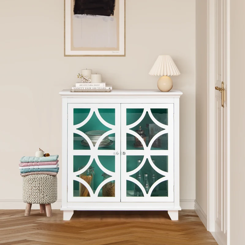 Kitchen Buffet Sideboard, Glass Doors, Green