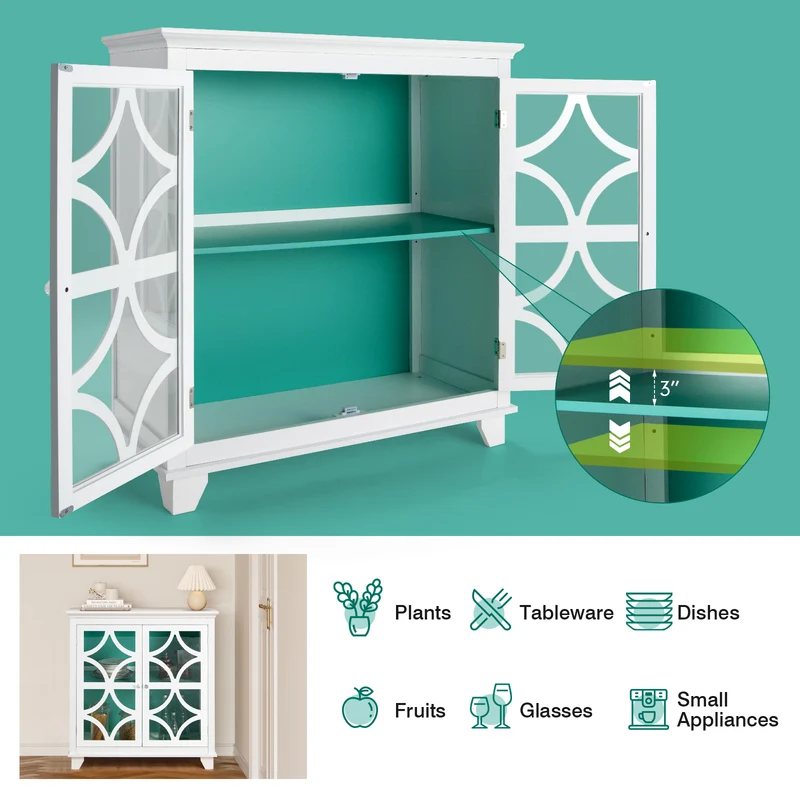 Kitchen Buffet Sideboard, Glass Doors, Green