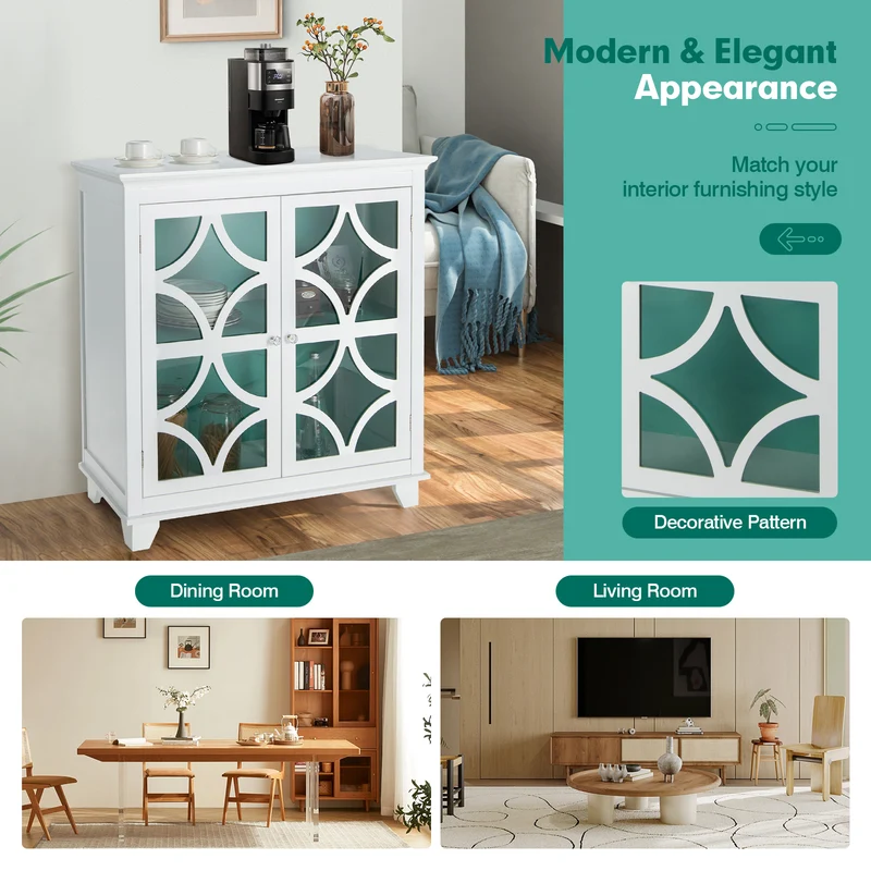 Kitchen Buffet Sideboard, Glass Doors, Green