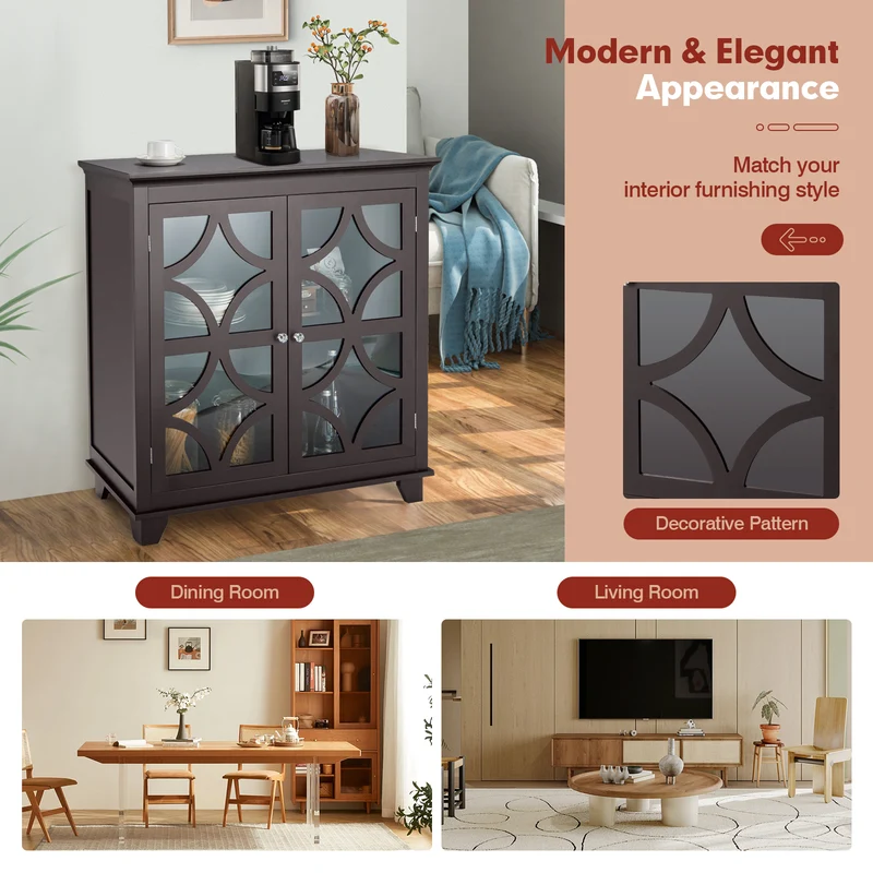 Kitchen Buffet Sideboard With Glass Doors, Brown