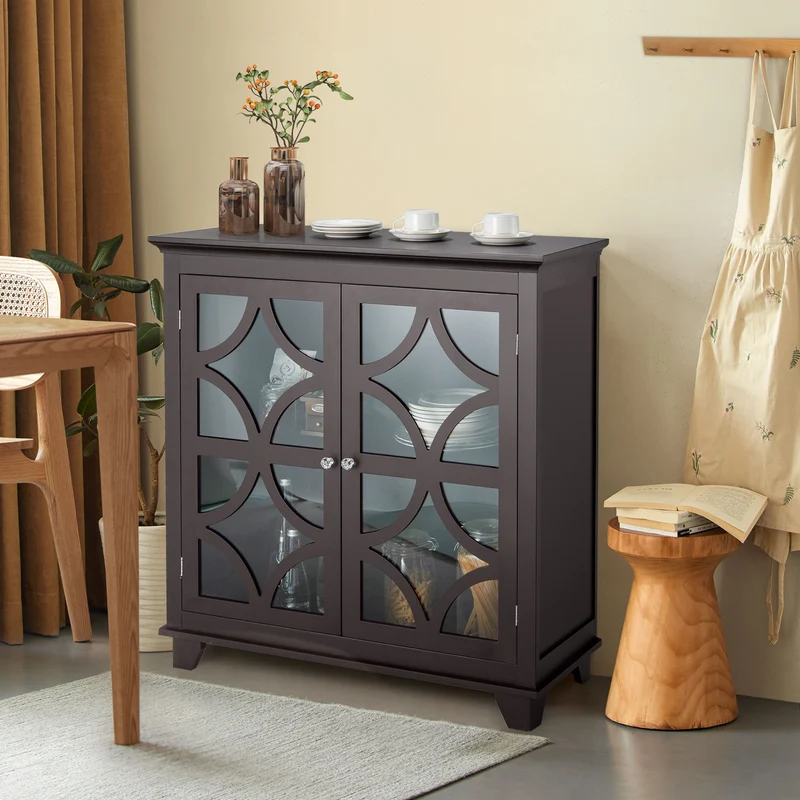 Kitchen Buffet Sideboard With Glass Doors, Brown