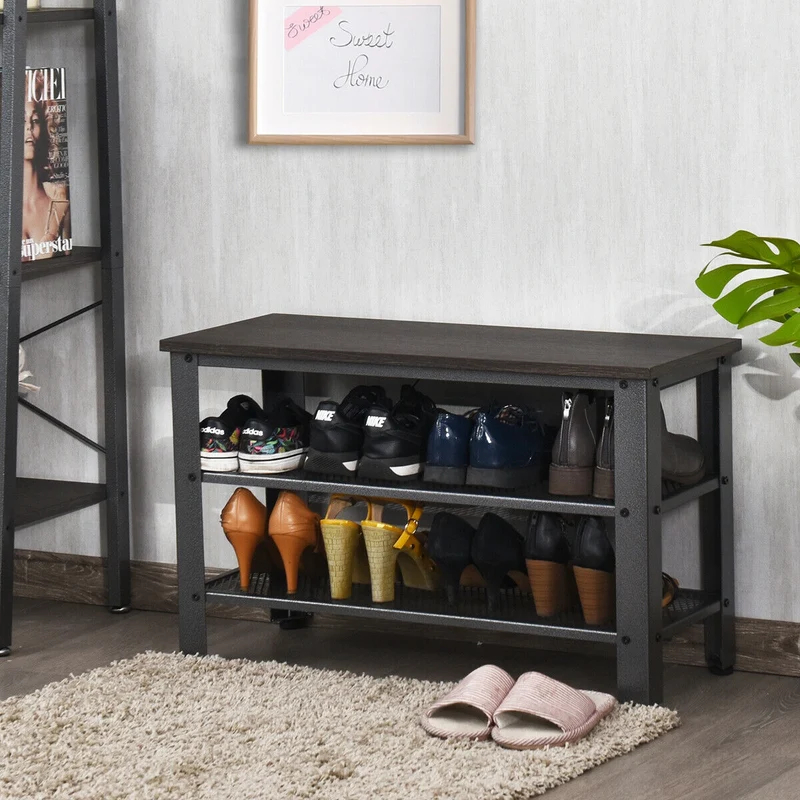 3-Tier Shoe Rack Industrial Bench, Black