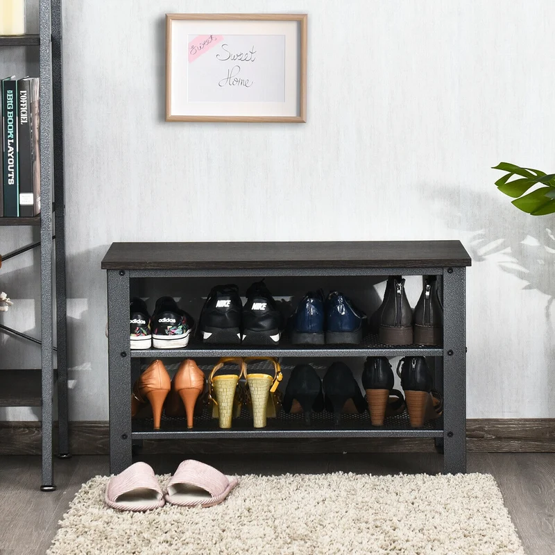 3-Tier Shoe Rack Industrial Bench, Black