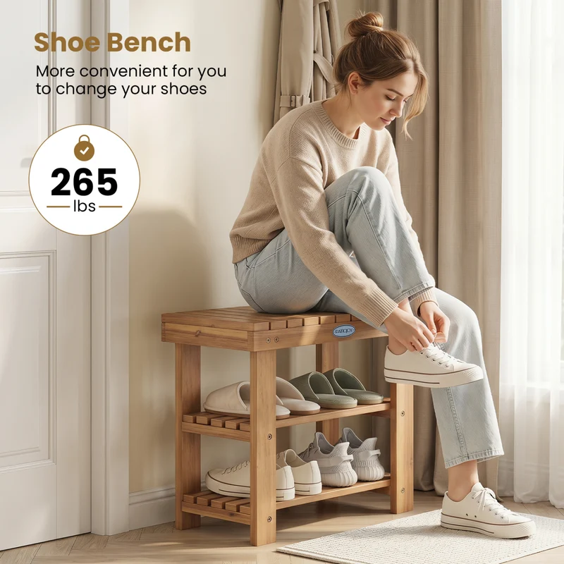 3-Tier Solid Wood Shoe Rack Bench, S
