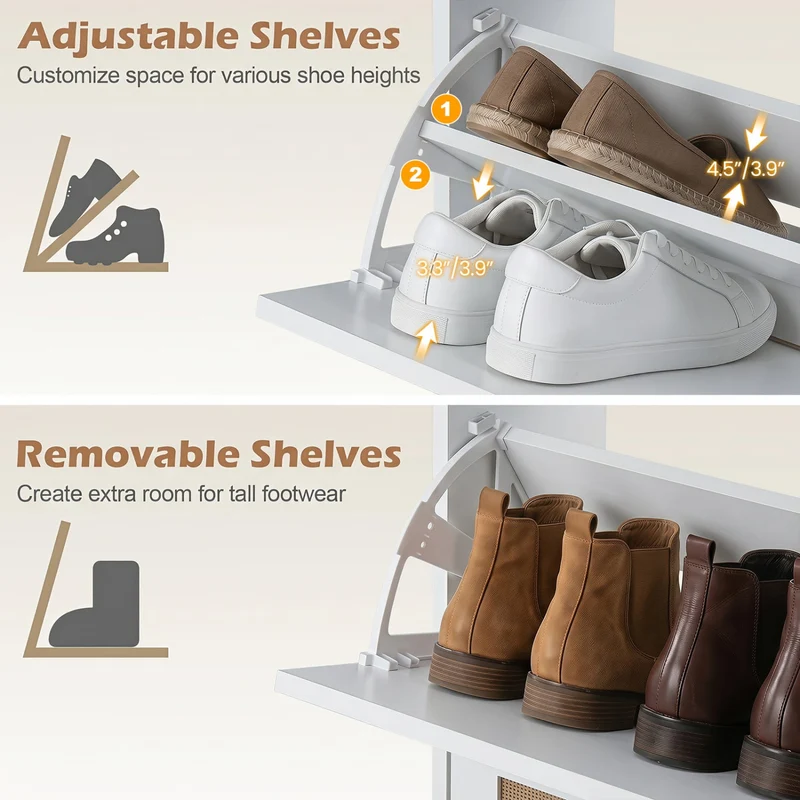 Narrow Shoe Storage Cabinet with 2 Flip Drawers and Adjustable Shelves, White
