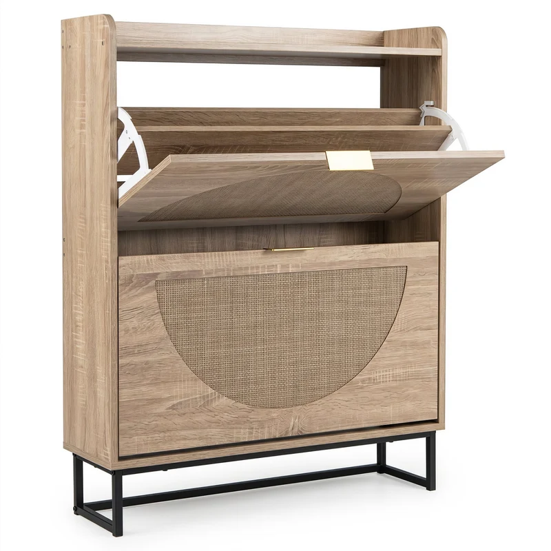 Narrow Shoe Storage Cabinet, 2 Flip Drawers, Adjustable Shelves, Natural