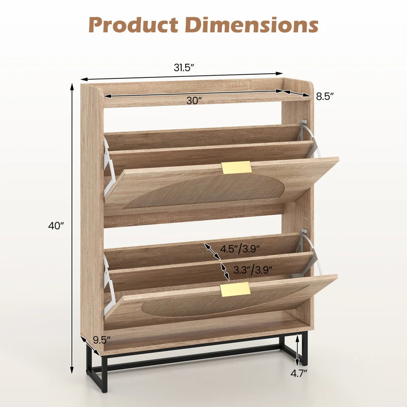 Narrow Shoe Storage Cabinet, 2 Flip Drawers, Adjustable Shelves, Natural