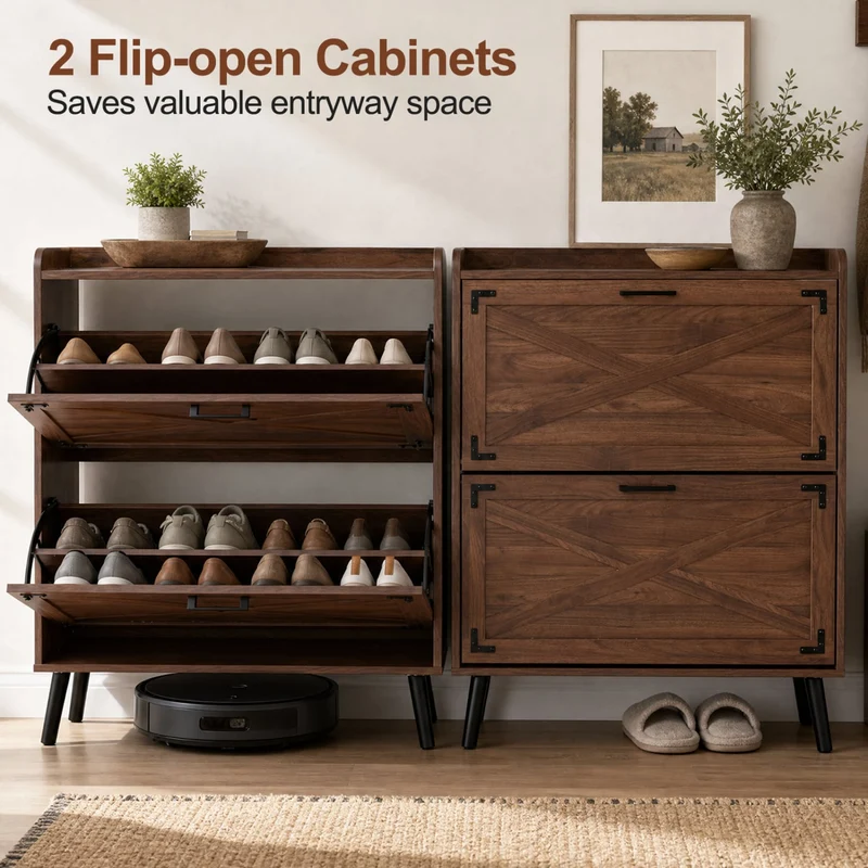 Narrow Shoe Cabinet, Adjustable Shelves, Brown