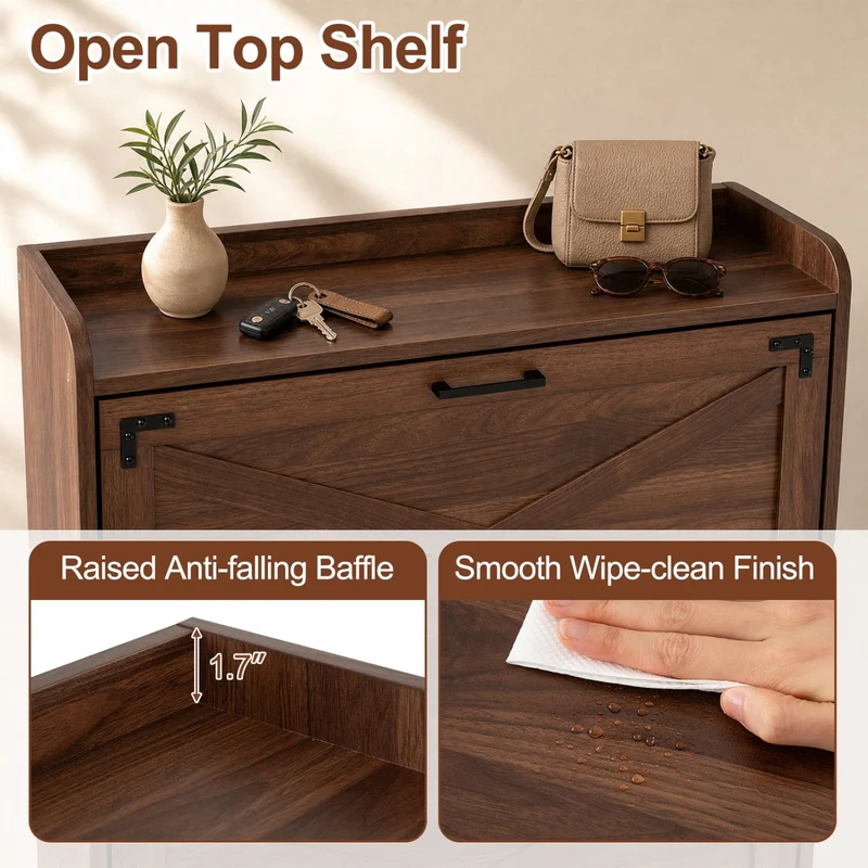 Narrow Shoe Cabinet, Adjustable Shelves, Brown