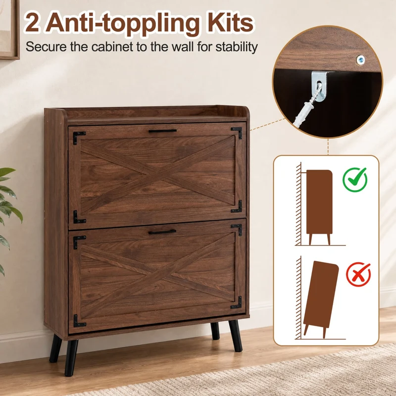 Narrow Shoe Cabinet, Adjustable Shelves, Brown