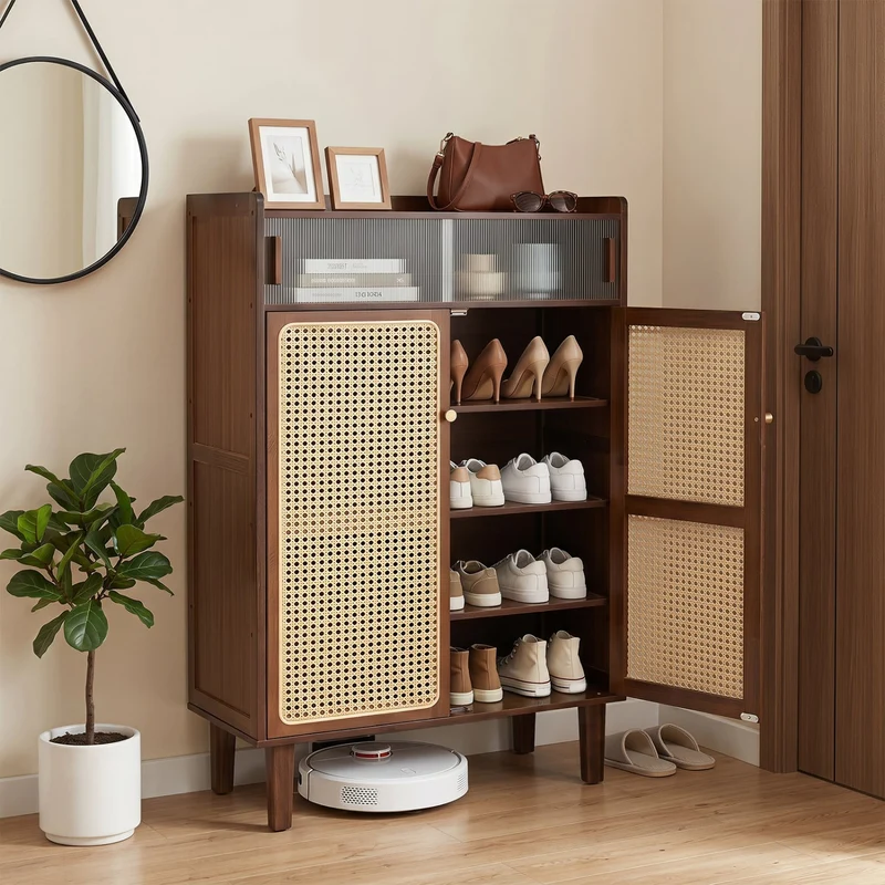 5-Tier Bamboo Shoe Cabinet, Woven Rattan Doors, Walnut