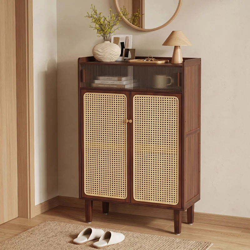 5-Tier Bamboo Shoe Cabinet, Woven Rattan Doors, Walnut