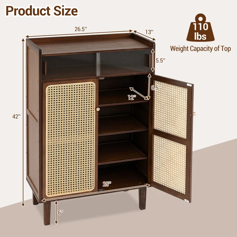 5-Tier Bamboo Shoe Cabinet, Woven Rattan Doors, Walnut