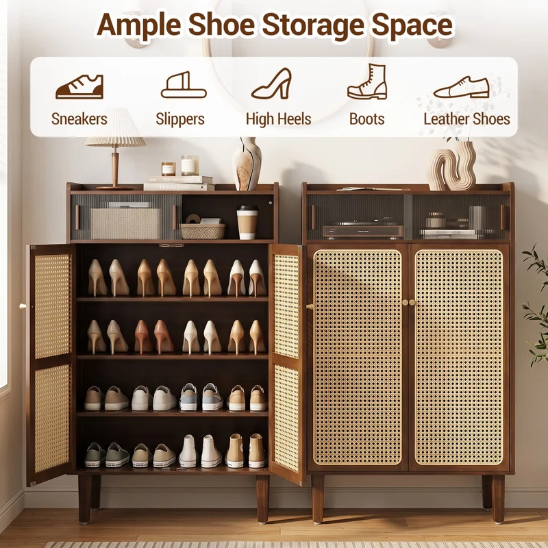 5-Tier Bamboo Shoe Cabinet, Woven Rattan Doors, Walnut
