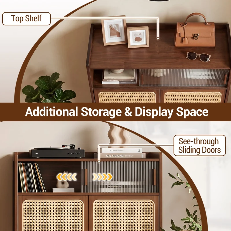 5-Tier Bamboo Shoe Cabinet, Woven Rattan Doors, Walnut
