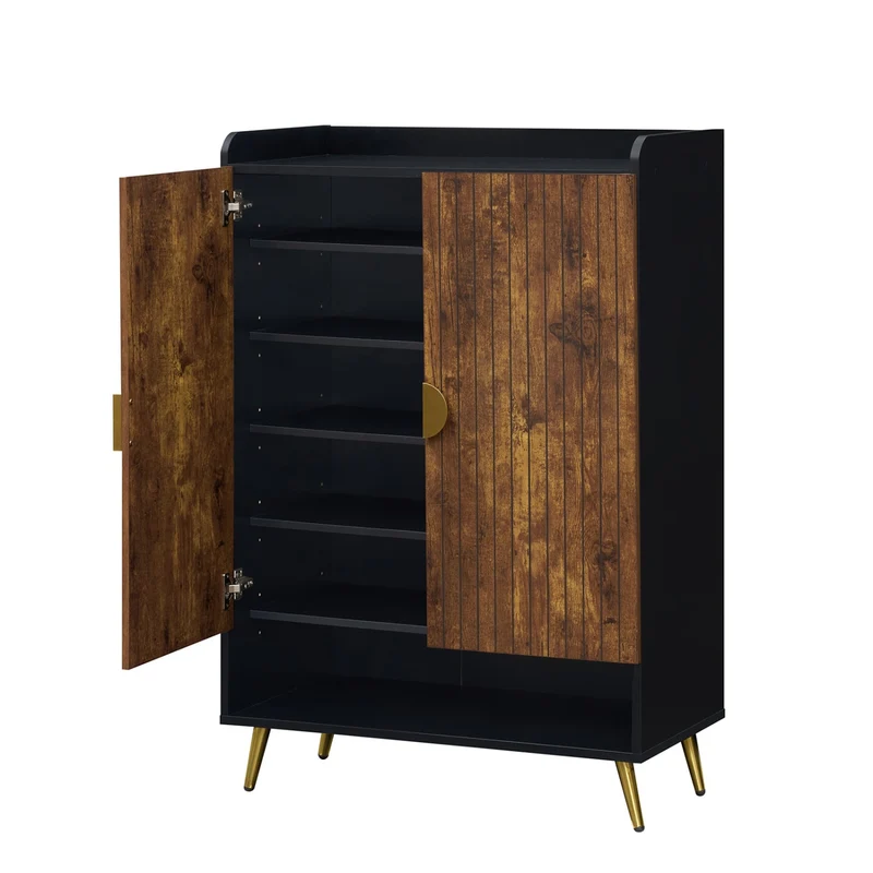 44" Tall Shoe Storage Cabinet, 7-Tier Doors, Adjustable Shelves, Rustic Brown