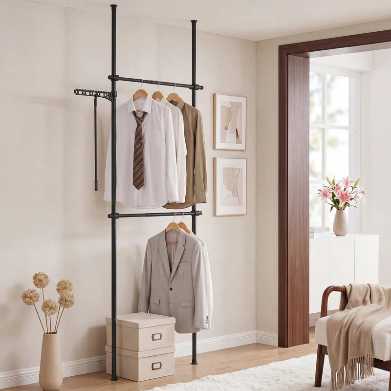 Adjustable Floor-to-Ceiling Clothes Rack with 2 Hanging Rods, Black